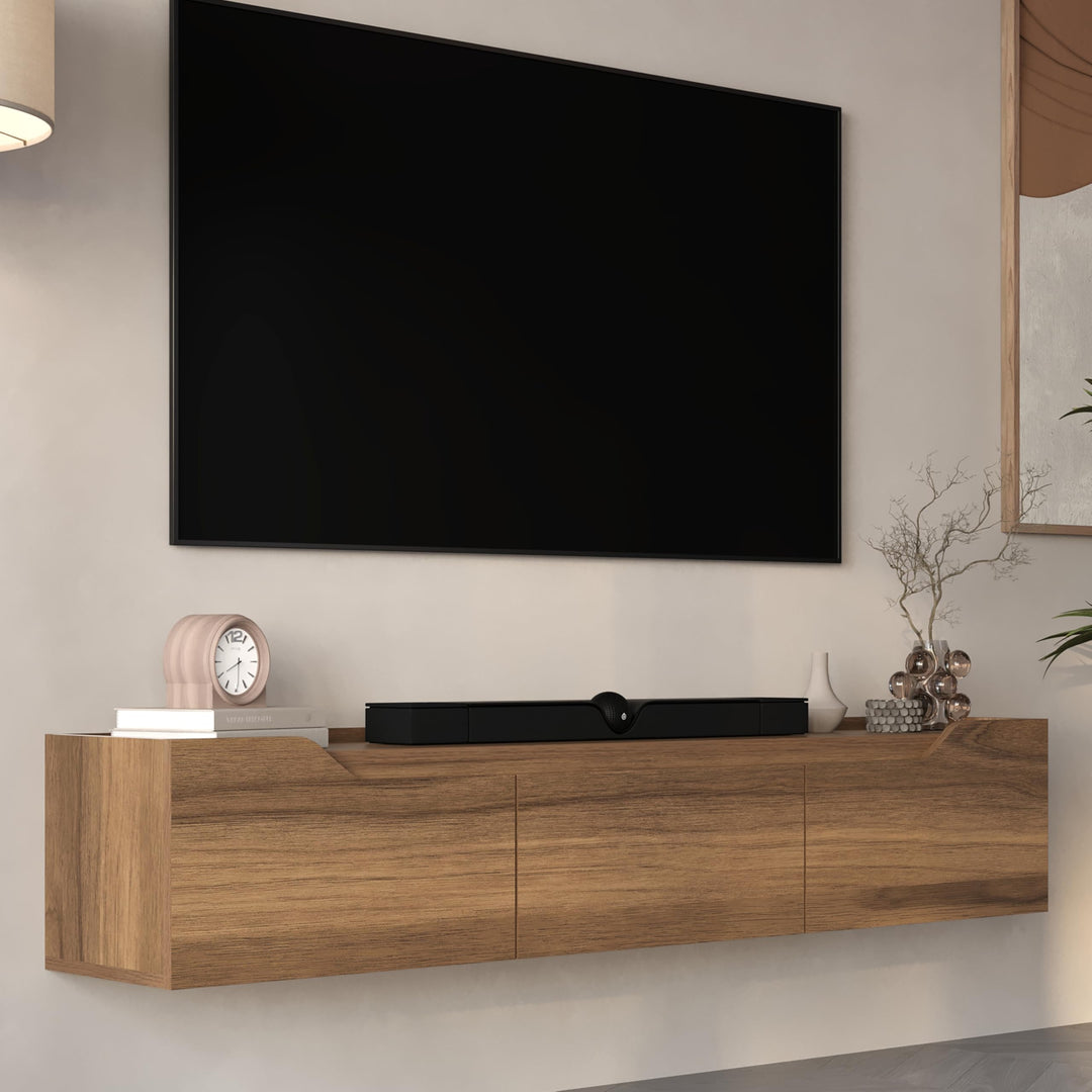 Modern wooden TV stand with storage in a living room