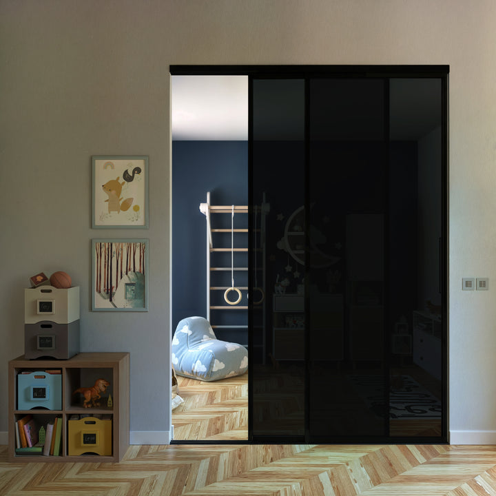 2 Panel Smoked Glass Sliding Closet Door – Aluminum Frame Room Divider, Modern Interior Sliding Door for Closet, Pantry, Bedroom & Office Spaces