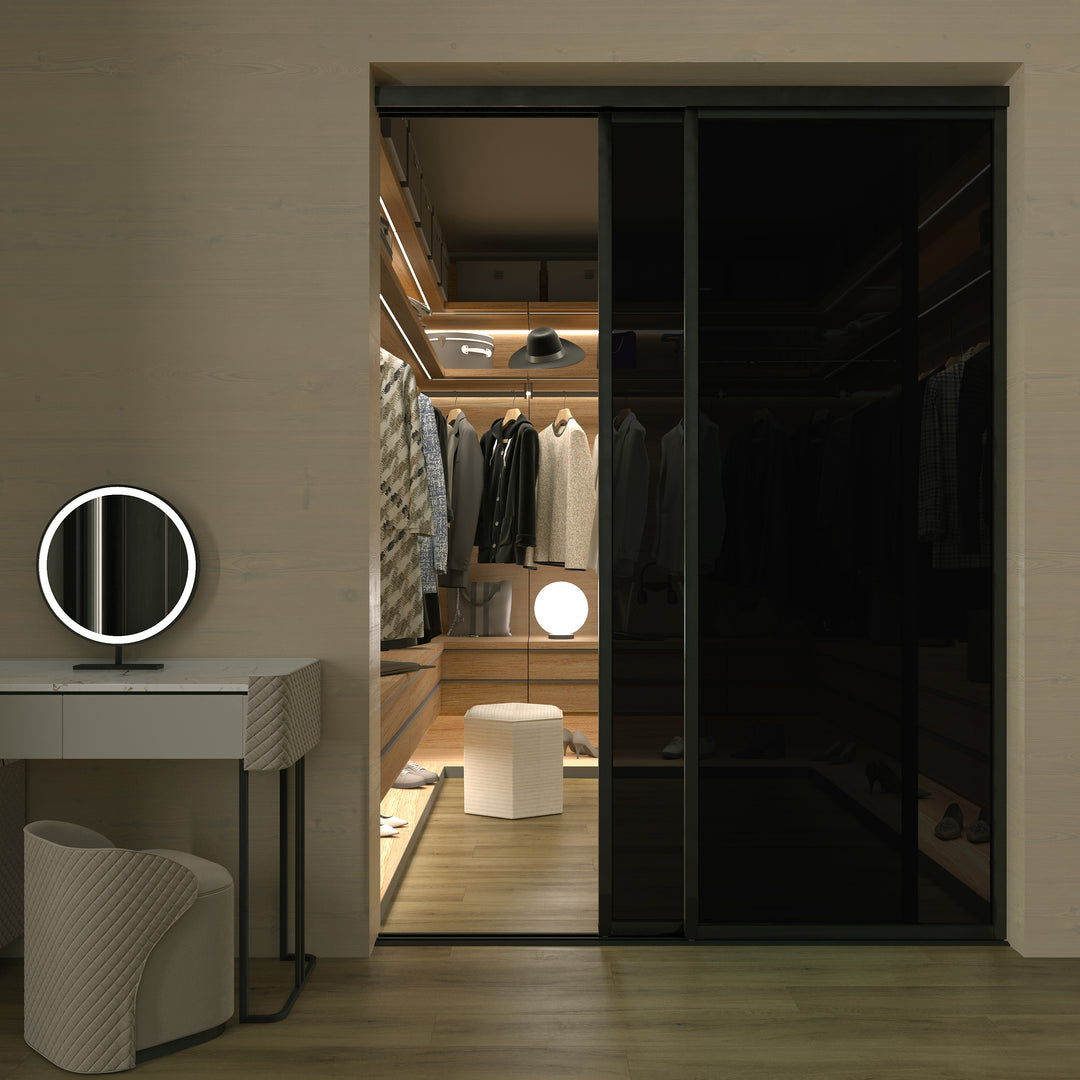 2 Panel Smoked Glass Sliding Closet Door – Aluminum Frame Room Divider, Modern Interior Sliding Door for Closet, Pantry, Bedroom & Office Spaces