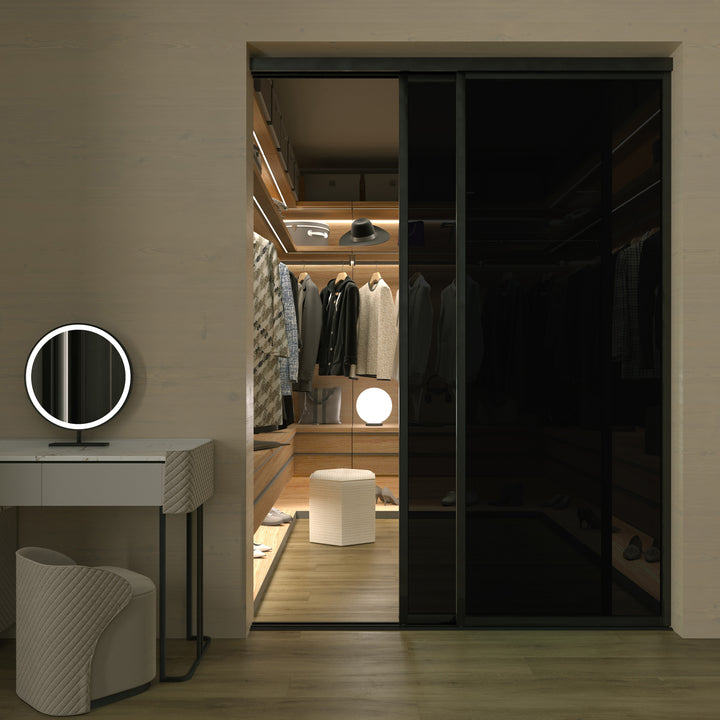 2 Panel Smoked Glass Sliding Closet Door – Aluminum Frame Room Divider, Modern Interior Sliding Door for Closet, Pantry, Bedroom & Office Spaces