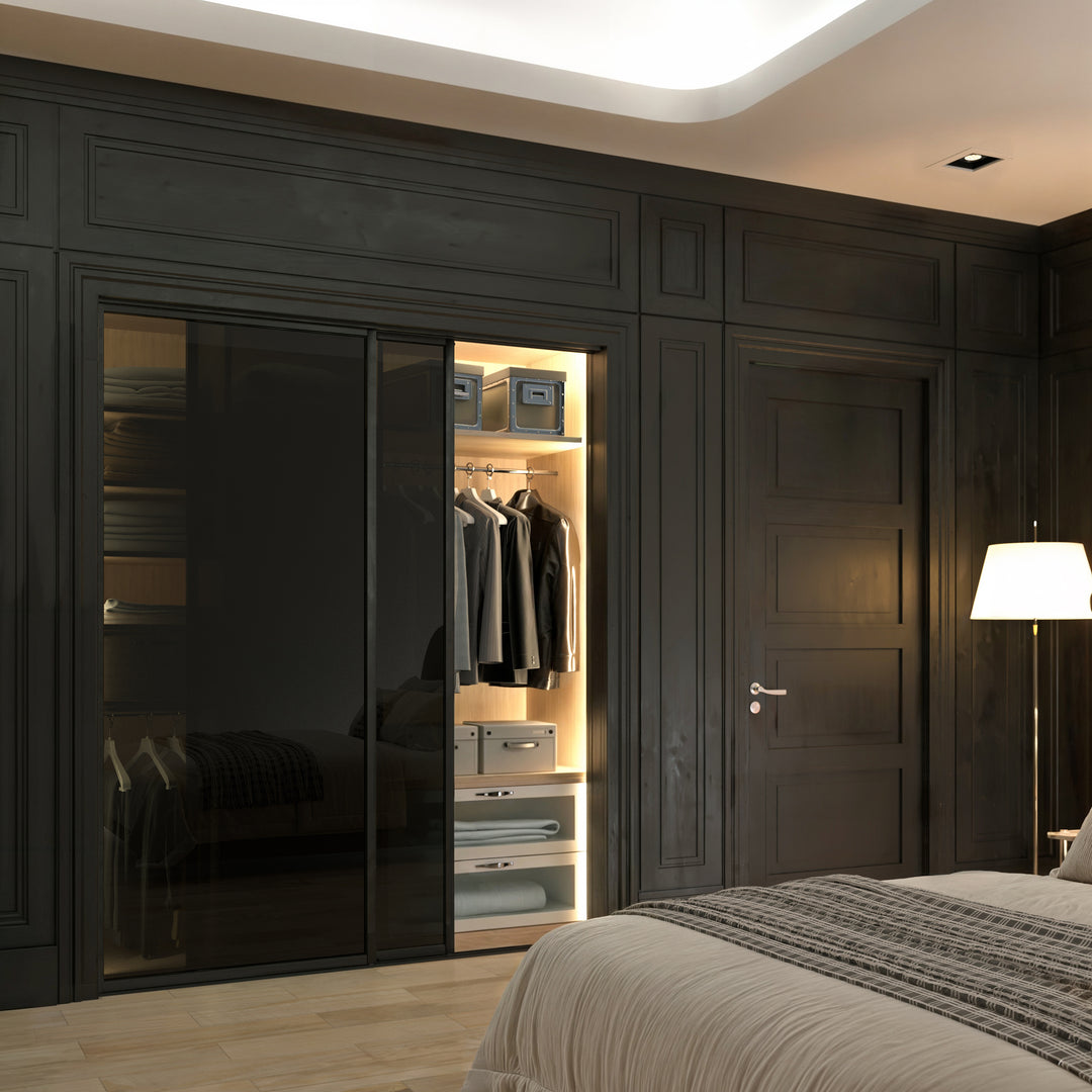 2 Panel Smoked Glass Sliding Closet Door – Aluminum Frame Room Divider, Modern Interior Sliding Door for Closet, Pantry, Bedroom & Office Spaces