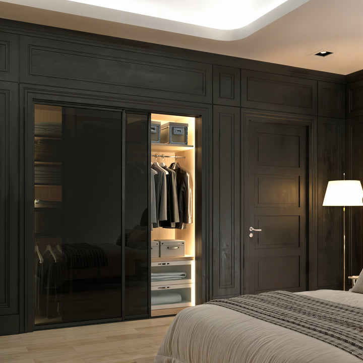 2 Panel Smoked Glass Sliding Closet Door – Aluminum Frame Room Divider, Modern Interior Sliding Door for Closet, Pantry, Bedroom & Office Spaces