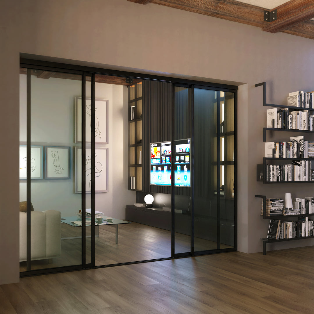 4-Panel Sliding Glass Closet Doors – Aluminum Frame Room Divider, Clear Tempered Glass, Modern Interior Sliding Door for Closet, Pantry, Office & Bedroom