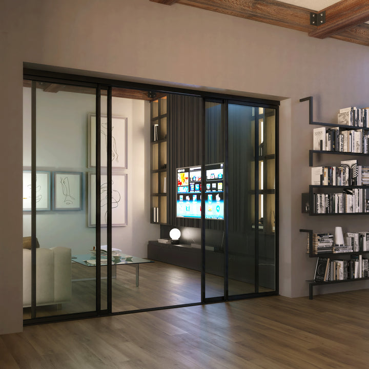 4-Panel Sliding Glass Closet Doors – Aluminum Frame Room Divider, Clear Tempered Glass, Modern Interior Sliding Door for Closet, Pantry, Office & Bedroom