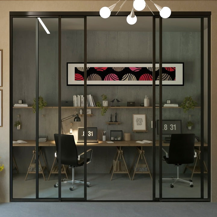 4-Panel Sliding Glass Closet Doors – Aluminum Frame Room Divider, Clear Tempered Glass, Modern Interior Sliding Door for Closet, Pantry, Office & Bedroom