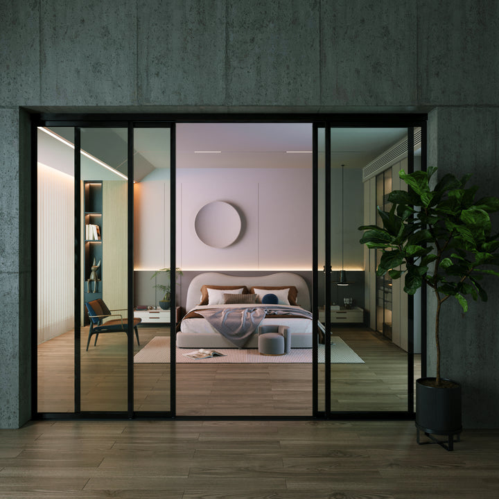 4-Panel Sliding Glass Closet Doors – Aluminum Frame Room Divider, Clear Tempered Glass, Modern Interior Sliding Door for Closet, Pantry, Office & Bedroom
