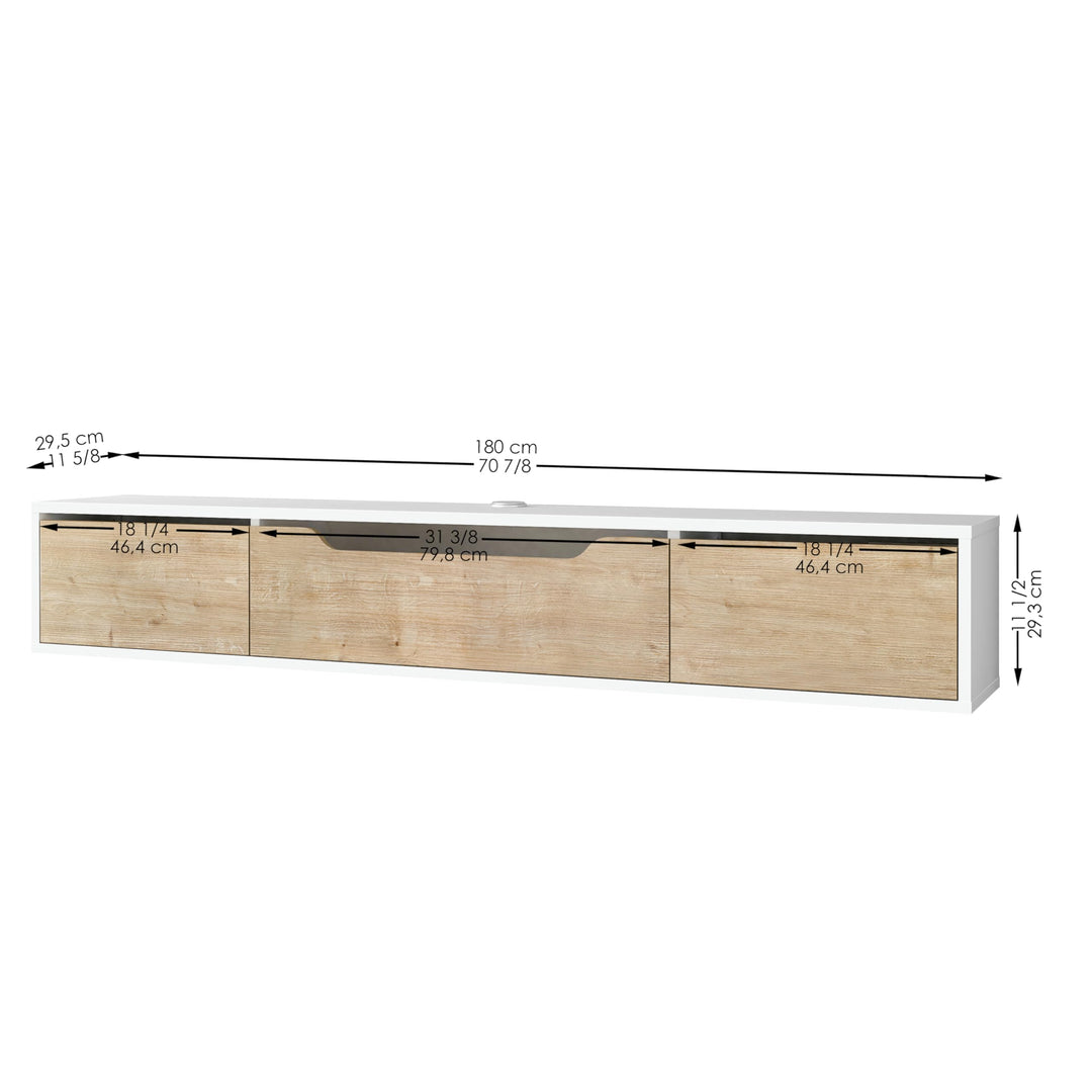 Atelier Mobili Floating TV Stand for Up to 80 Inch TVs – Wall Mounted Media Console with Handle-Free Doors – Modern Entertainment Center with Hidden Storage – White and Oak Finishes (Oak/White)