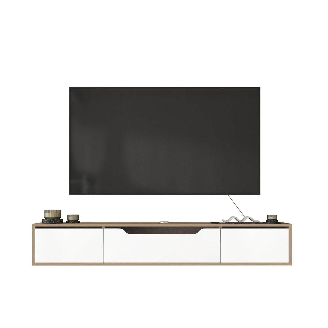 Atelier Mobili Floating TV Stand for Up to 80 Inch TVs – Wall Mounted Media Console with Handle-Free Doors – Modern Entertainment Center with Hidden Storage – White and Oak Finishes (Oak/White)