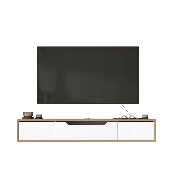 Atelier Mobili Floating TV Stand for Up to 80 Inch TVs – Wall Mounted Media Console with Handle-Free Doors – Modern Entertainment Center with Hidden Storage – White and Oak Finishes (Oak/White)