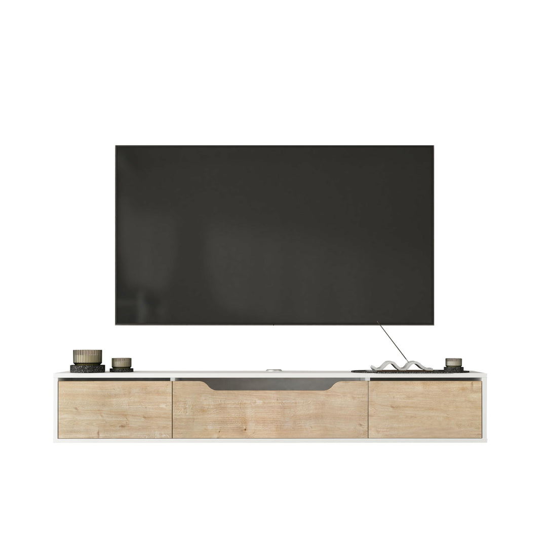 Atelier Mobili Floating TV Stand for Up to 80 Inch TVs – Wall Mounted Media Console with Handle-Free Doors – Modern Entertainment Center with Hidden Storage – White and Oak Finishes (Oak/White)