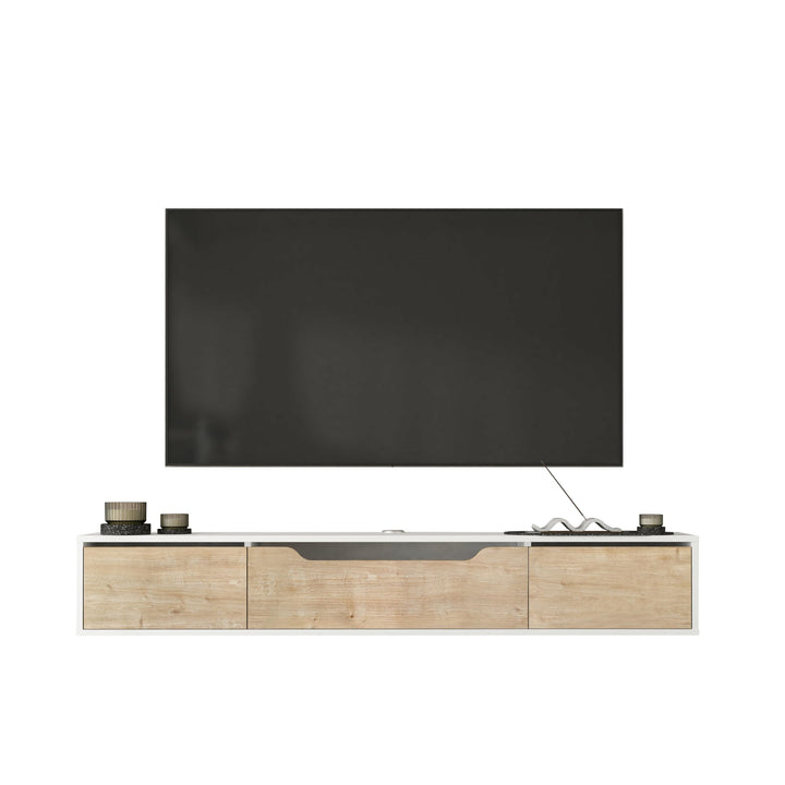 Atelier Mobili Floating TV Stand for Up to 80 Inch TVs – Wall Mounted Media Console with Handle-Free Doors – Modern Entertainment Center with Hidden Storage – White and Oak Finishes (Oak/White)