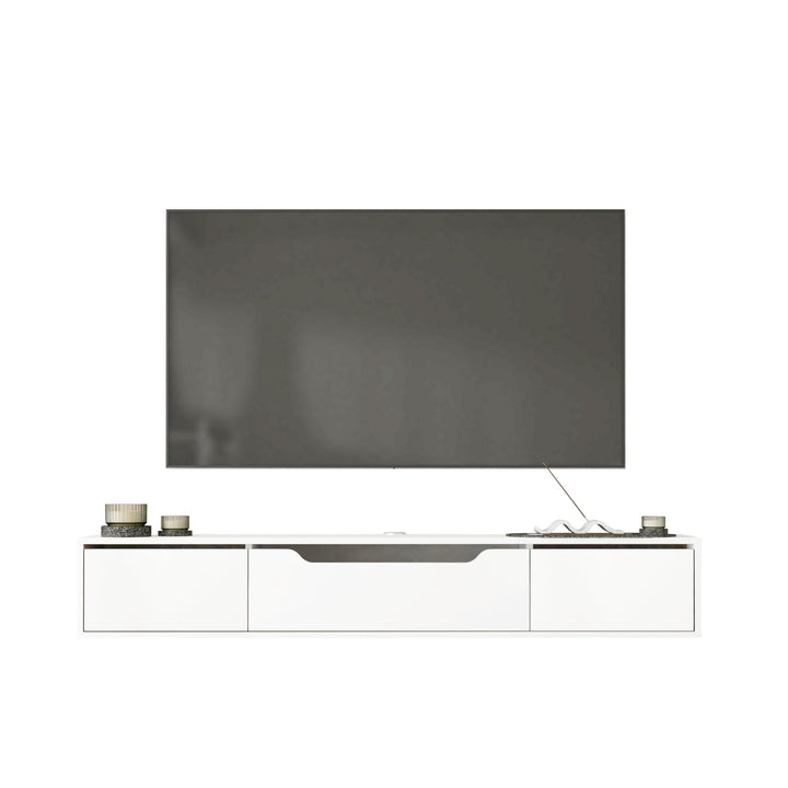Atelier Mobili Floating TV Stand for Up to 80 Inch TVs – Wall Mounted Media Console with Handle-Free Doors – Modern Entertainment Center with Hidden Storage – White and Oak Finishes (Oak/White)