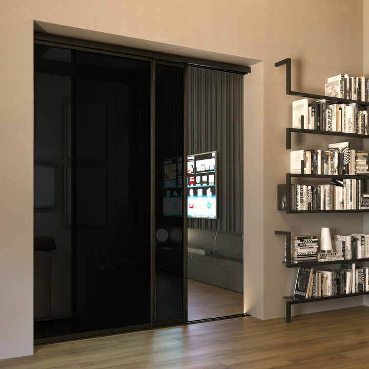 2 Panel Smoked Glass Sliding Closet Door – Aluminum Frame Room Divider, Modern Interior Sliding Door for Closet, Pantry, Bedroom & Office Spaces