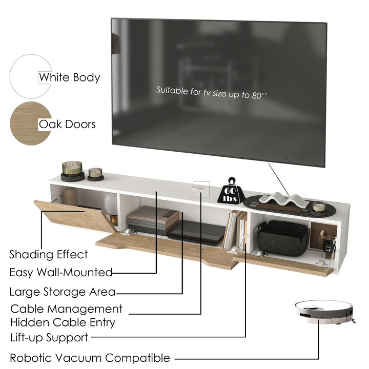 Atelier Mobili Floating TV Stand for Up to 80 Inch TVs – Wall Mounted Media Console with Handle-Free Doors – Modern Entertainment Center with Hidden Storage – White and Oak Finishes (Oak/White)