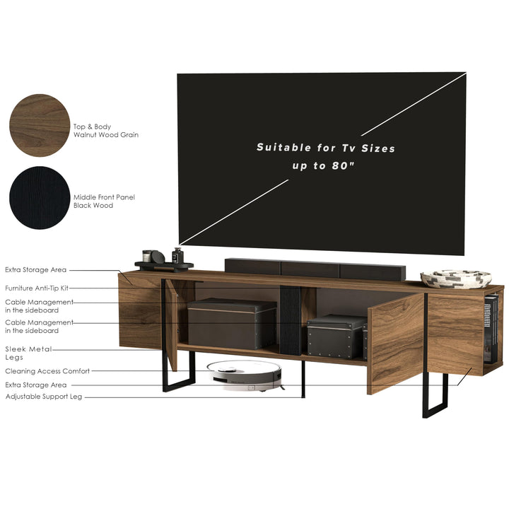 Atelier Mobili Modern TV Stand and Media Console, Entertainment Center, Adjustable Shelves, Solid Eng Wood, Metal Legs, Large Storage, TV Stand for 75 inch TV, TV Stand 65 inch (63 x 32 Inches)