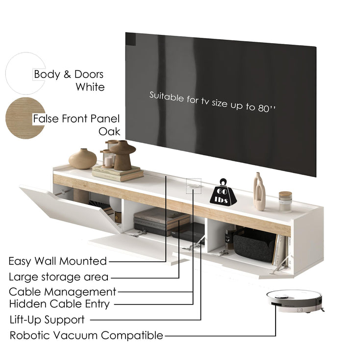 Atelier Mobili Floating TV Stand for Up to 80 Inch TVs – Wall Mounted Entertainment Center with Storage – Modern Floating Media Console with Cable Management – Oak/White Finishes (Oak)
