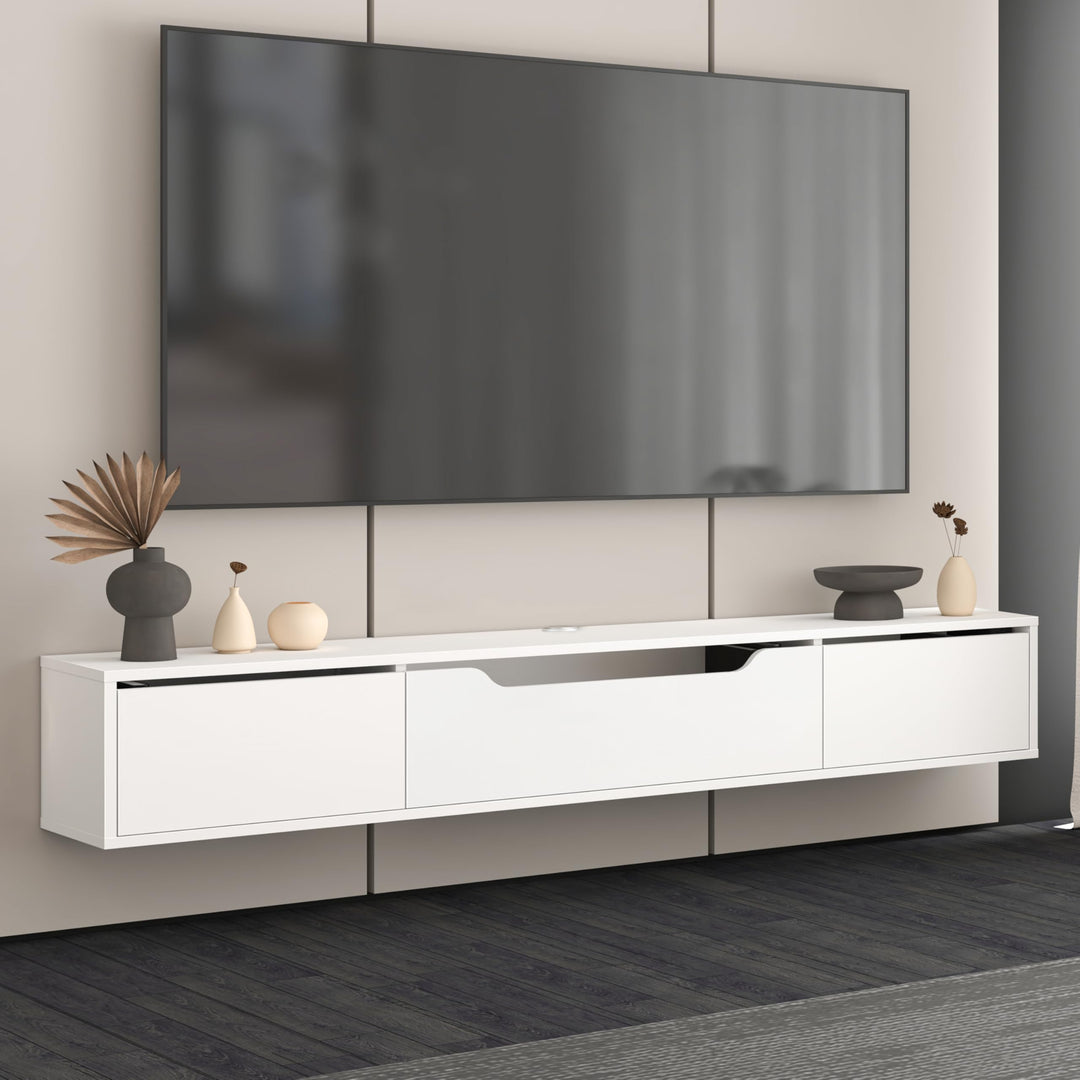 Atelier Mobili Floating TV Stand for Up to 80 Inch TVs – Wall Mounted Media Console with Handle-Free Doors – Modern Entertainment Center with Hidden Storage – White and Oak Finishes (Oak/White)