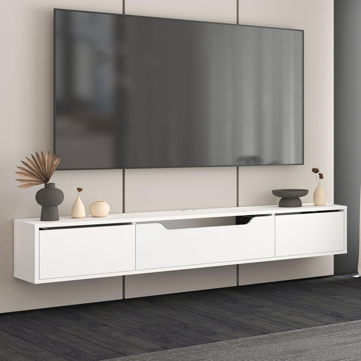 Atelier Mobili Floating TV Stand for Up to 80 Inch TVs – Wall Mounted Media Console with Handle-Free Doors – Modern Entertainment Center with Hidden Storage – White and Oak Finishes (Oak/White)