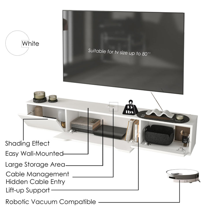 Atelier Mobili Floating TV Stand for Up to 80 Inch TVs – Wall Mounted Media Console with Handle-Free Doors – Modern Entertainment Center with Hidden Storage – White and Oak Finishes (Oak/White)