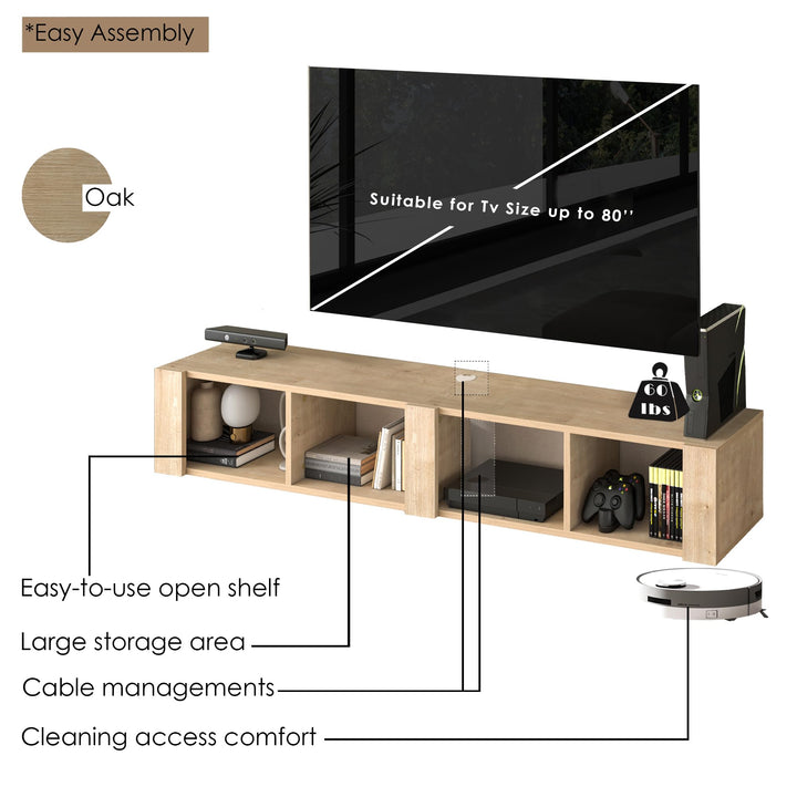 Atelier Mobili Floating TV Stand for 75 Inch TVs – Wall Mounted Entertainment Center with Open Storage Shelves – Modern Floating TV Console for Living Room & Bedroom – Oak and Walnut Finish (Oak)