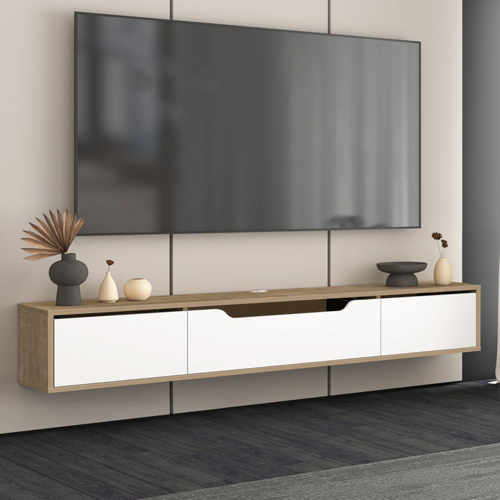 Atelier Mobili Floating TV Stand for Up to 80 Inch TVs – Wall Mounted Media Console with Handle-Free Doors – Modern Entertainment Center with Hidden Storage – White and Oak Finishes (Oak/White)