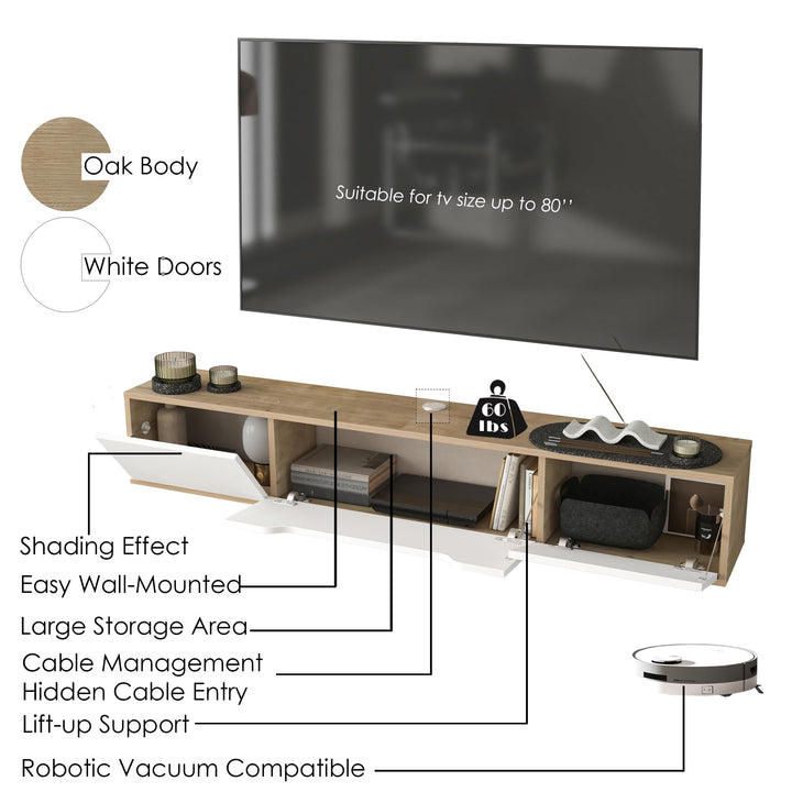Atelier Mobili Floating TV Stand for Up to 80 Inch TVs – Wall Mounted Media Console with Handle-Free Doors – Modern Entertainment Center with Hidden Storage – White and Oak Finishes (Oak/White)