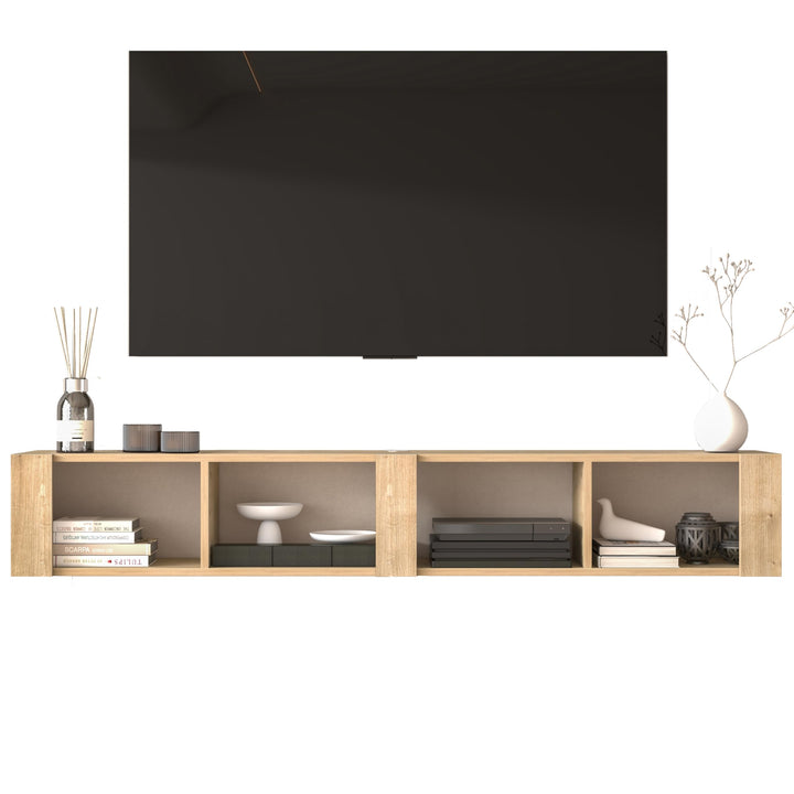 Atelier Mobili Floating TV Stand for 75 Inch TVs – Wall Mounted Entertainment Center with Open Storage Shelves – Modern Floating TV Console for Living Room & Bedroom – Oak and Walnut Finish (Oak)