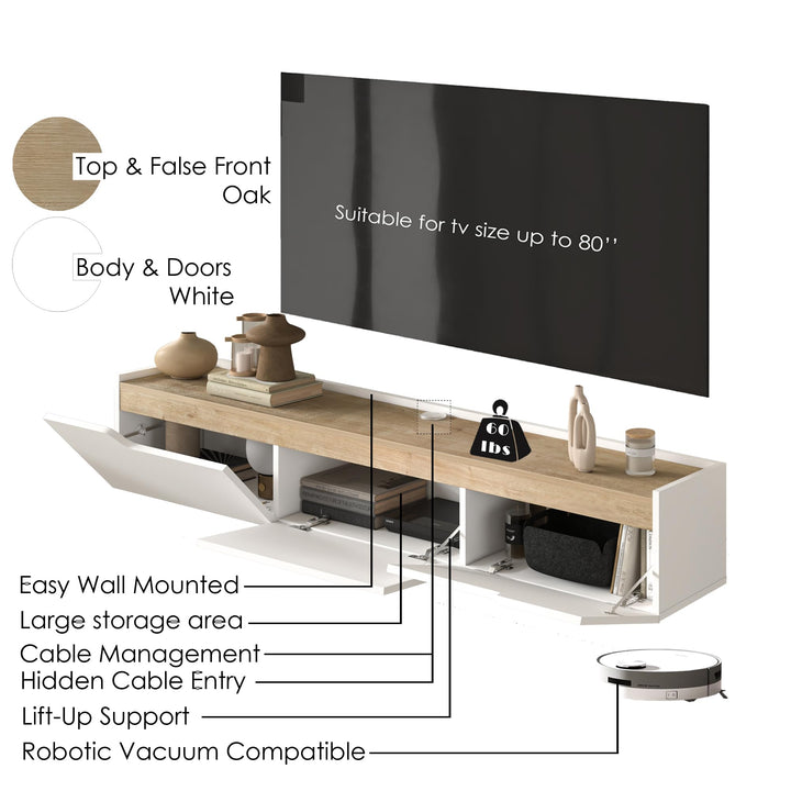 Atelier Mobili Floating TV Stand for Up to 80 Inch TVs – Wall Mounted Entertainment Center with Storage – Modern Floating Media Console with Cable Management – Oak/White Finishes (Oak)