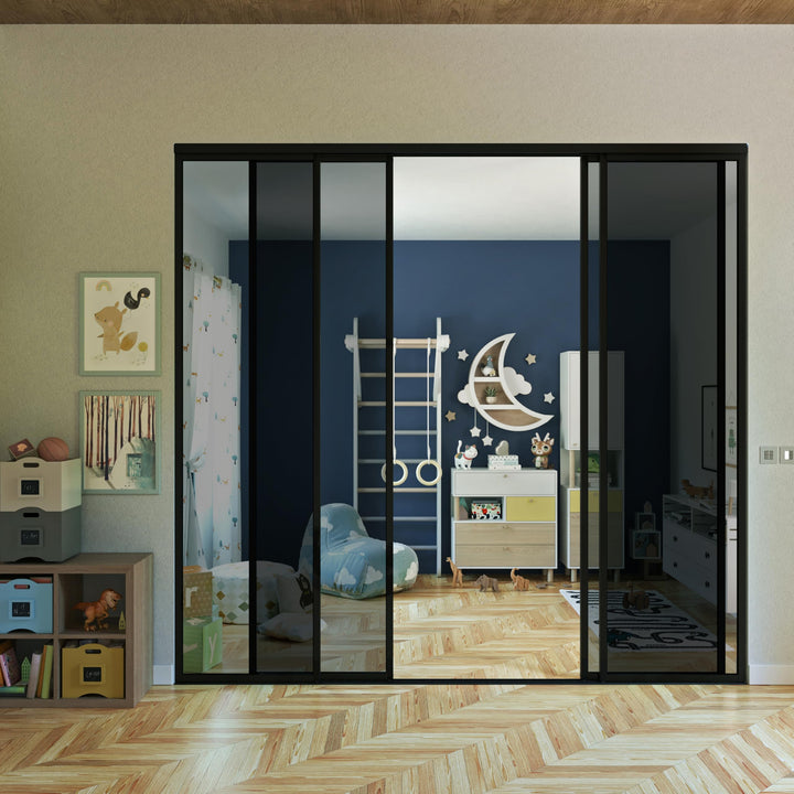 4 Panel Glass Room Divider and Sliding Glass Closet Doors - Smoked Frosted Partition Wall - Clear, Smoked and Frosted Glass Sliding Doors Options (Clear Glass, 96x80) – Atelier Mobili