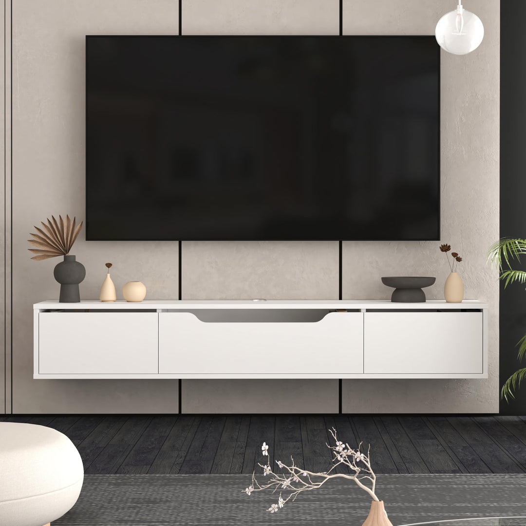 Atelier Mobili Floating TV Stand for Up to 80 Inch TVs – Wall Mounted Media Console with Handle-Free Doors – Modern Entertainment Center with Hidden Storage – White and Oak Finishes (Oak/White)