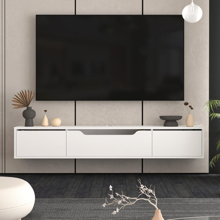 Atelier Mobili Floating TV Stand for Up to 80 Inch TVs – Wall Mounted Media Console with Handle-Free Doors – Modern Entertainment Center with Hidden Storage – White and Oak Finishes (Oak/White)