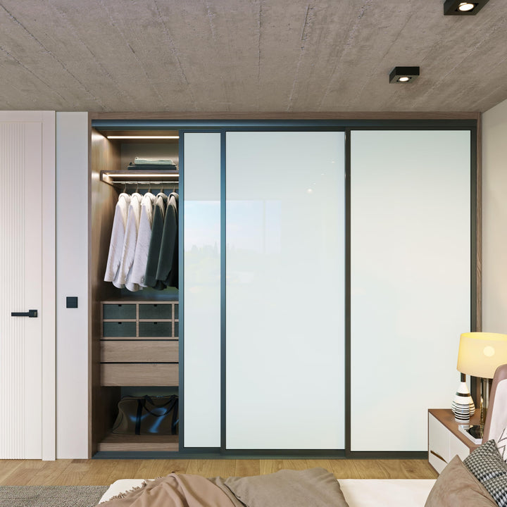 Door55 3 Panel Glass Sliding Closet Door, Black Matt Aluminum Frame