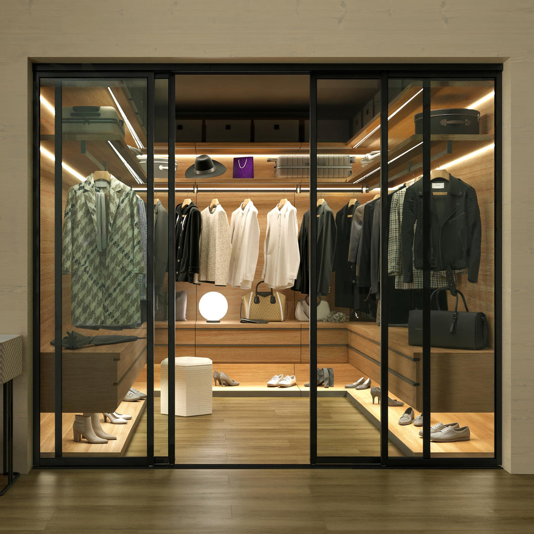 4 Panel Glass Room Divider and Sliding Glass Closet Doors - Smoked Frosted Partition Wall - Clear, Smoked and Frosted Glass Sliding Doors Options (Clear Glass, 96x80) – Atelier Mobili
