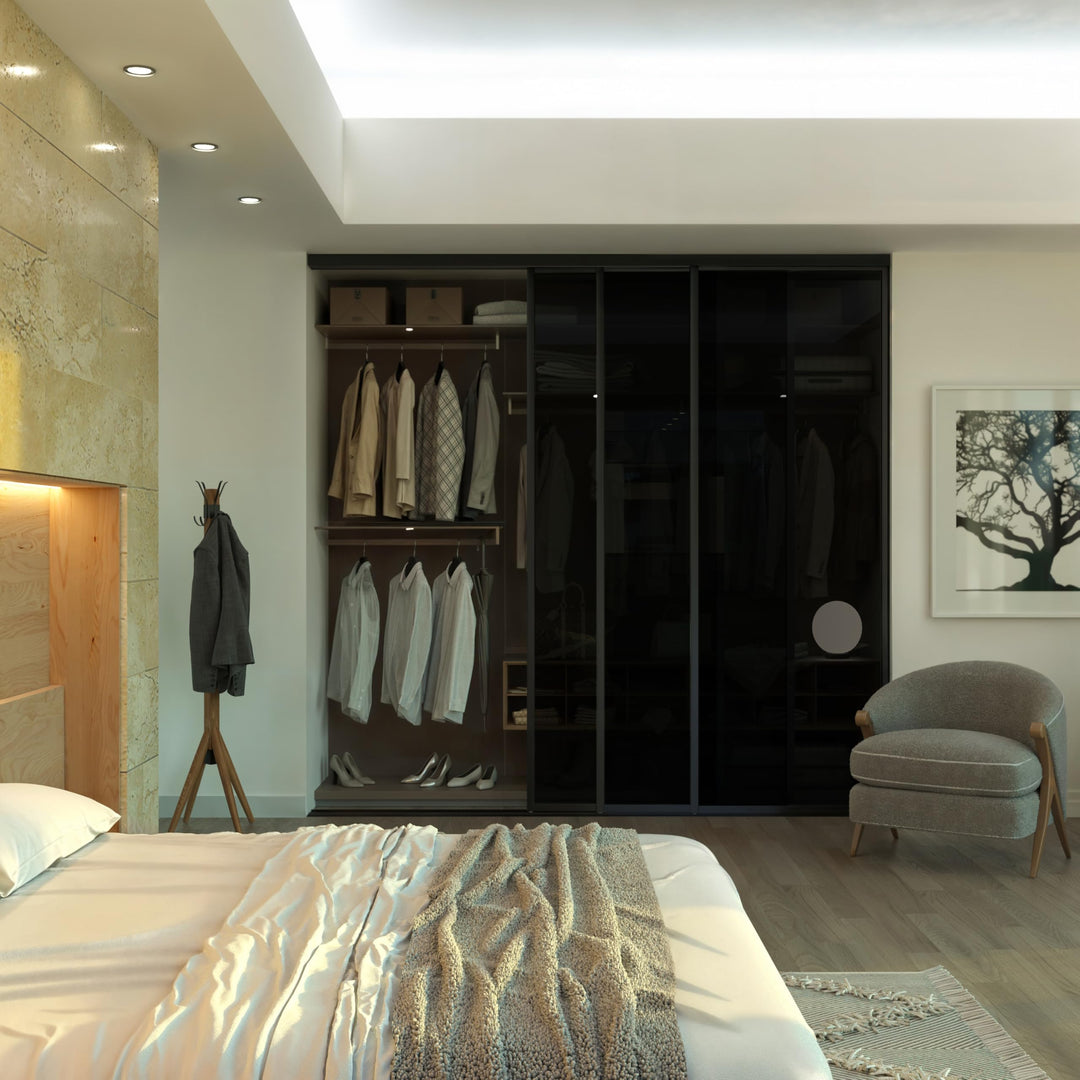 Glass Room Divider, Sliding Closet Door with 3 Glass Panels, Aluminum Frame with Clear, Smoked or Lite Smoked Color Options (Clear Glass, 72x96) – Atelier Mobili