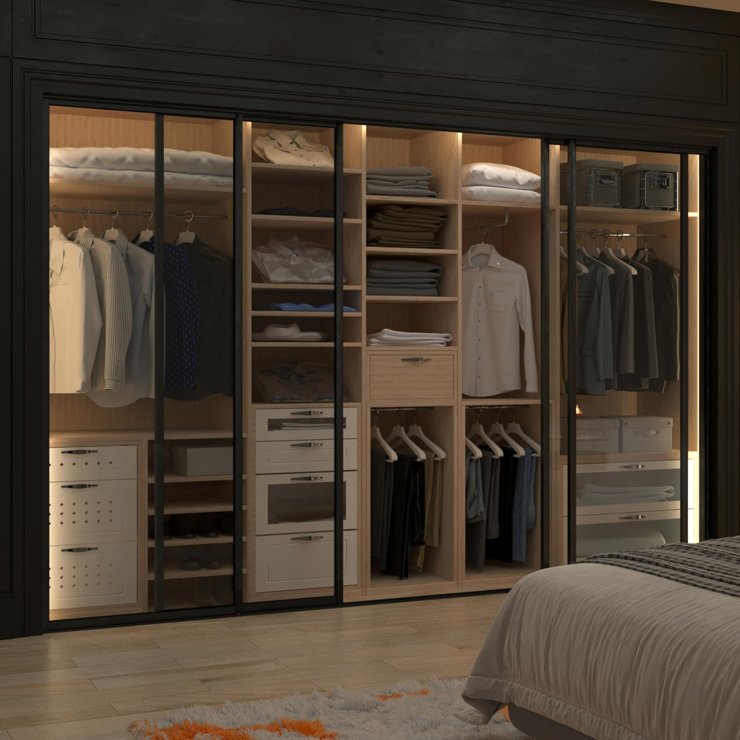 4 Panel Glass Room Divider and Sliding Glass Closet Doors - Smoked Frosted Partition Wall - Clear, Smoked and Frosted Glass Sliding Doors Options (Clear Glass, 96x80) – Atelier Mobili