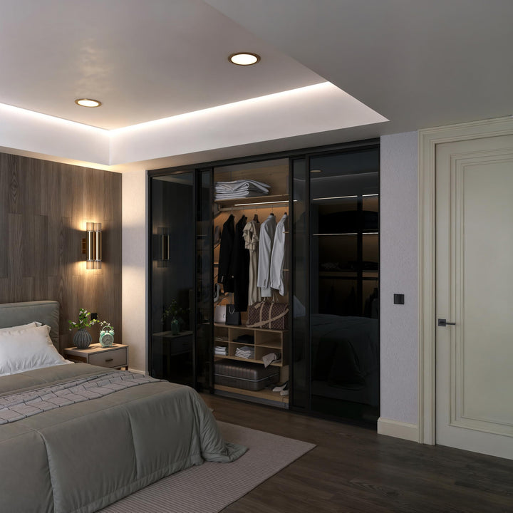Door55 4 Panel Glass Sliding Closet Door, Black Matt Aluminum Frame
