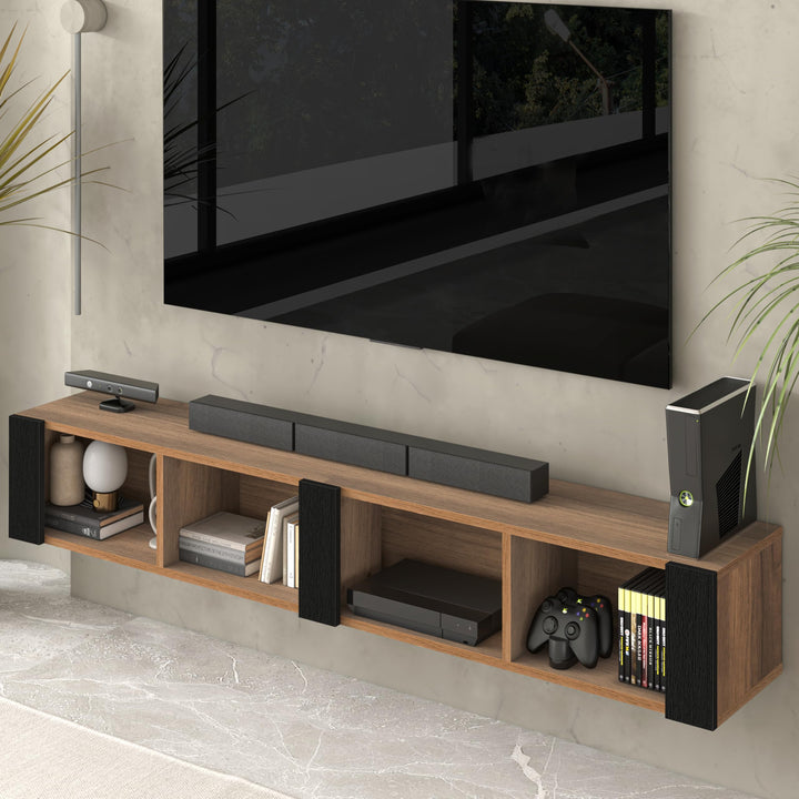 Atelier Mobili Floating TV Stand for 75 Inch TVs – Wall Mounted Entertainment Center with Open Storage Shelves – Modern Floating TV Console for Living Room & Bedroom – Oak and Walnut Finish (Oak)