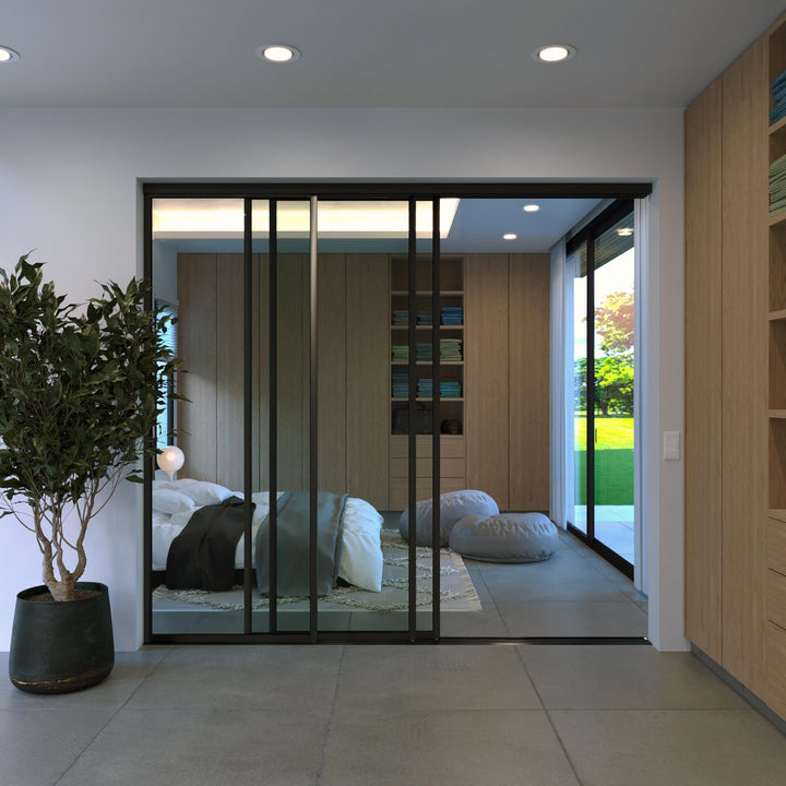 Glass Room Divider, Sliding Closet Door with 3 Glass Panels, Aluminum Frame with Clear, Smoked or Lite Smoked Color Options (Clear Glass, 72x96) – Atelier Mobili