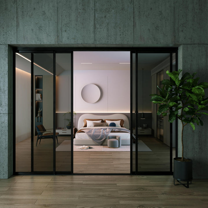 4 Panel Glass Room Divider and Sliding Glass Closet Doors - Smoked Frosted Partition Wall - Clear, Smoked and Frosted Glass Sliding Doors Options (Clear Glass, 96x80) – Atelier Mobili