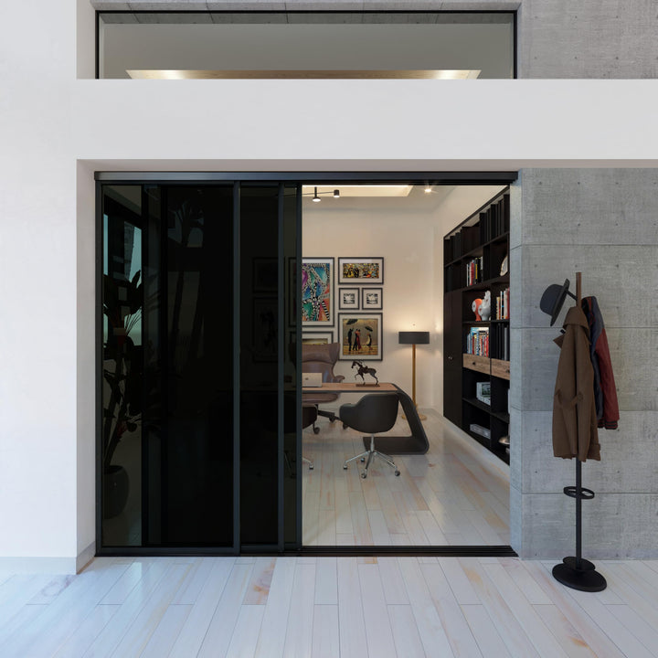 Glass Room Divider, Sliding Closet Door with 3 Glass Panels, Aluminum Frame with Clear, Smoked or Lite Smoked Color Options (Clear Glass, 72x96) – Atelier Mobili