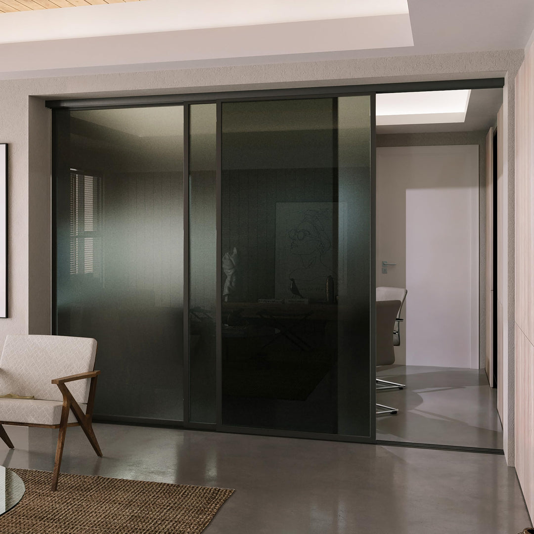 Doors55 3 Panel Glass Room Divider | Aluminum Frame Sliding Glass Room Divider – Atelier Mobili