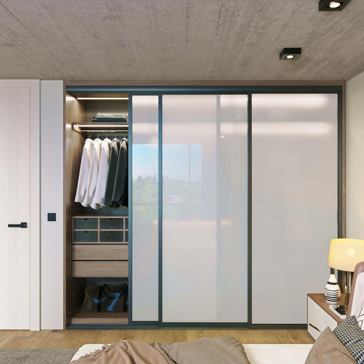 Door55 3 Panel Glass Sliding Closet Door, Black Matt Aluminum Frame