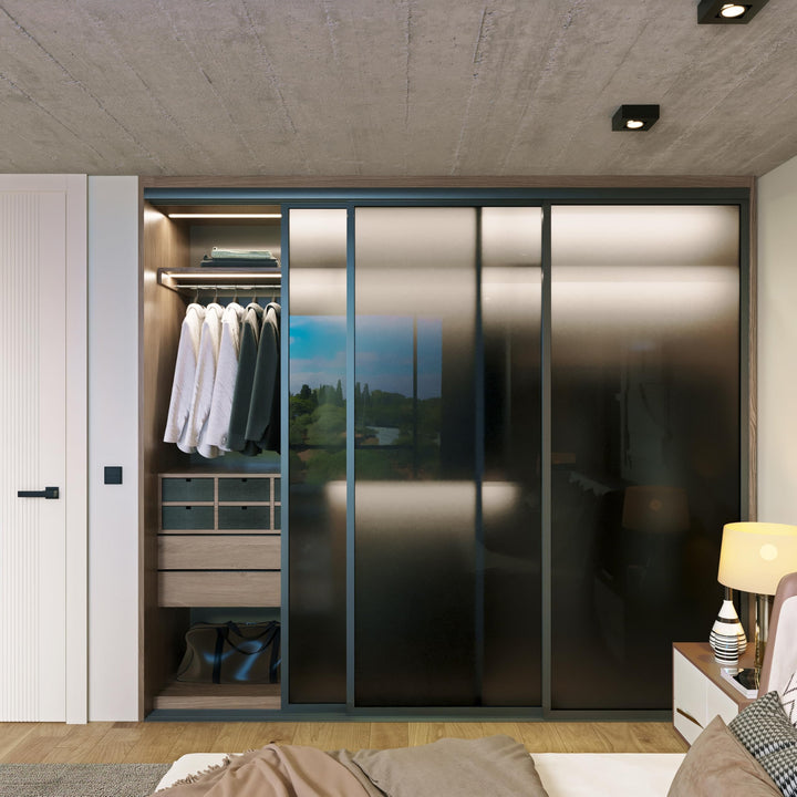 Door55 3 Panel Glass Sliding Closet Door, Black Matt Aluminum Frame