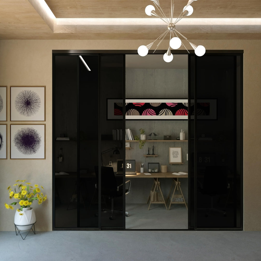 4 Panel Glass Room Divider and Sliding Glass Closet Doors - Smoked Frosted Partition Wall - Clear, Smoked and Frosted Glass Sliding Doors Options (Clear Glass, 96x80) – Atelier Mobili