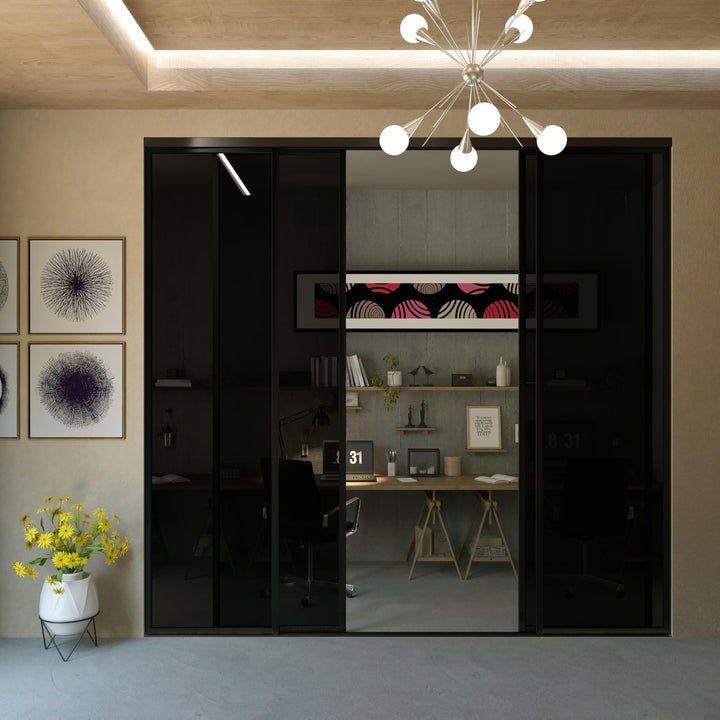 4 Panel Glass Room Divider and Sliding Glass Closet Doors - Smoked Frosted Partition Wall - Clear, Smoked and Frosted Glass Sliding Doors Options (Clear Glass, 96x80) – Atelier Mobili