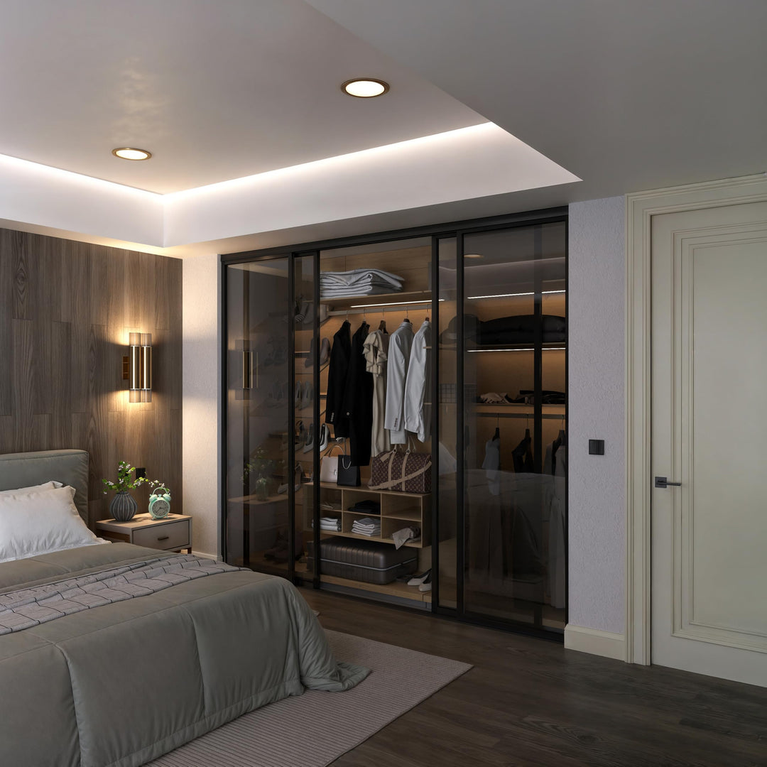 Door55 4 Panel Glass Sliding Closet Door, Black Matt Aluminum Frame
