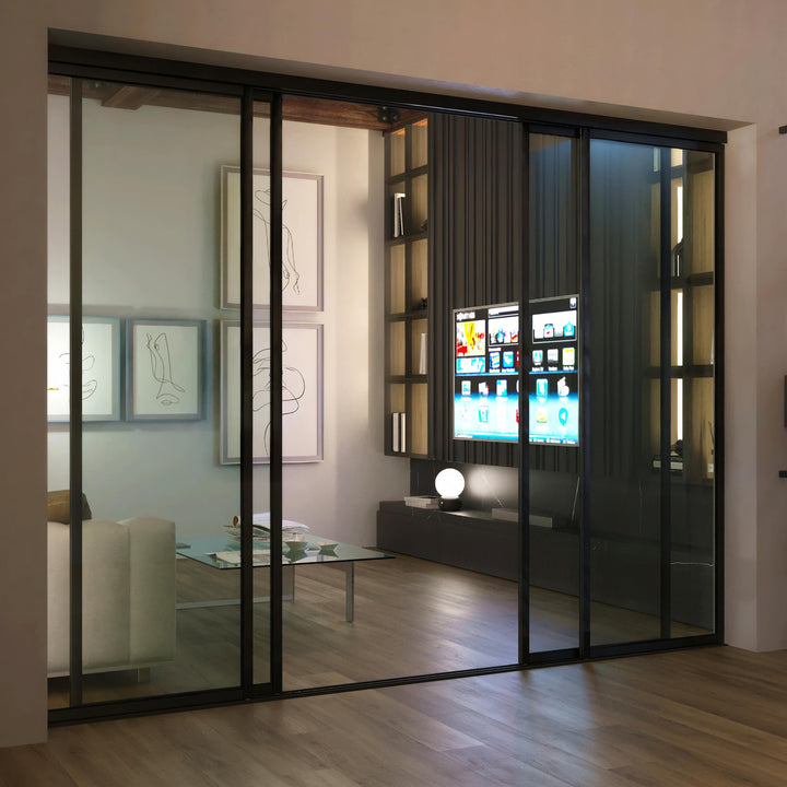 4 Panel Glass Room Divider and Sliding Glass Closet Doors - Smoked Frosted Partition Wall - Clear, Smoked and Frosted Glass Sliding Doors Options (Clear Glass, 96x80) – Atelier Mobili