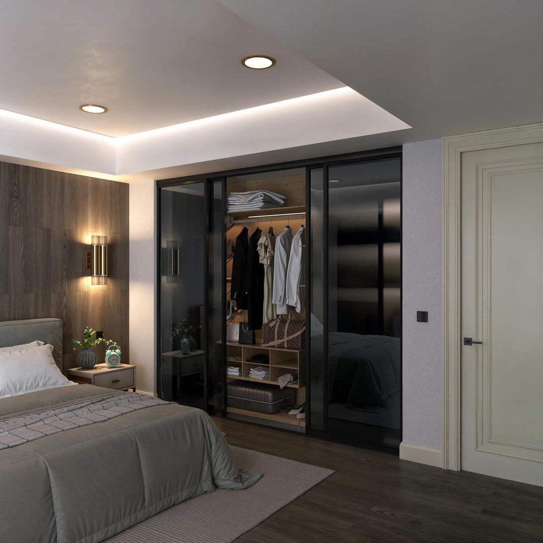 Door55 4 Panel Glass Sliding Closet Door, Black Matt Aluminum Frame