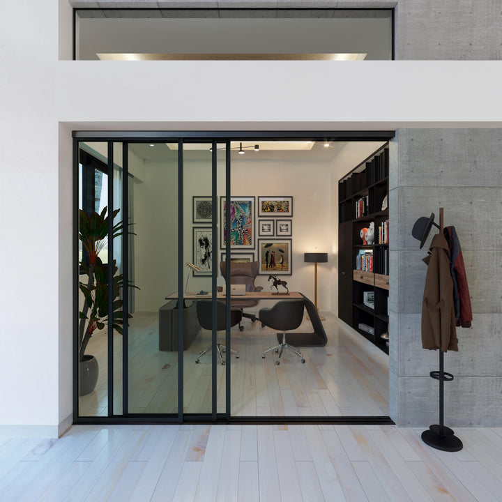 Glass Room Divider, Sliding Closet Door with 3 Glass Panels, Aluminum Frame with Clear, Smoked or Lite Smoked Color Options (Clear Glass, 72x96) – Atelier Mobili