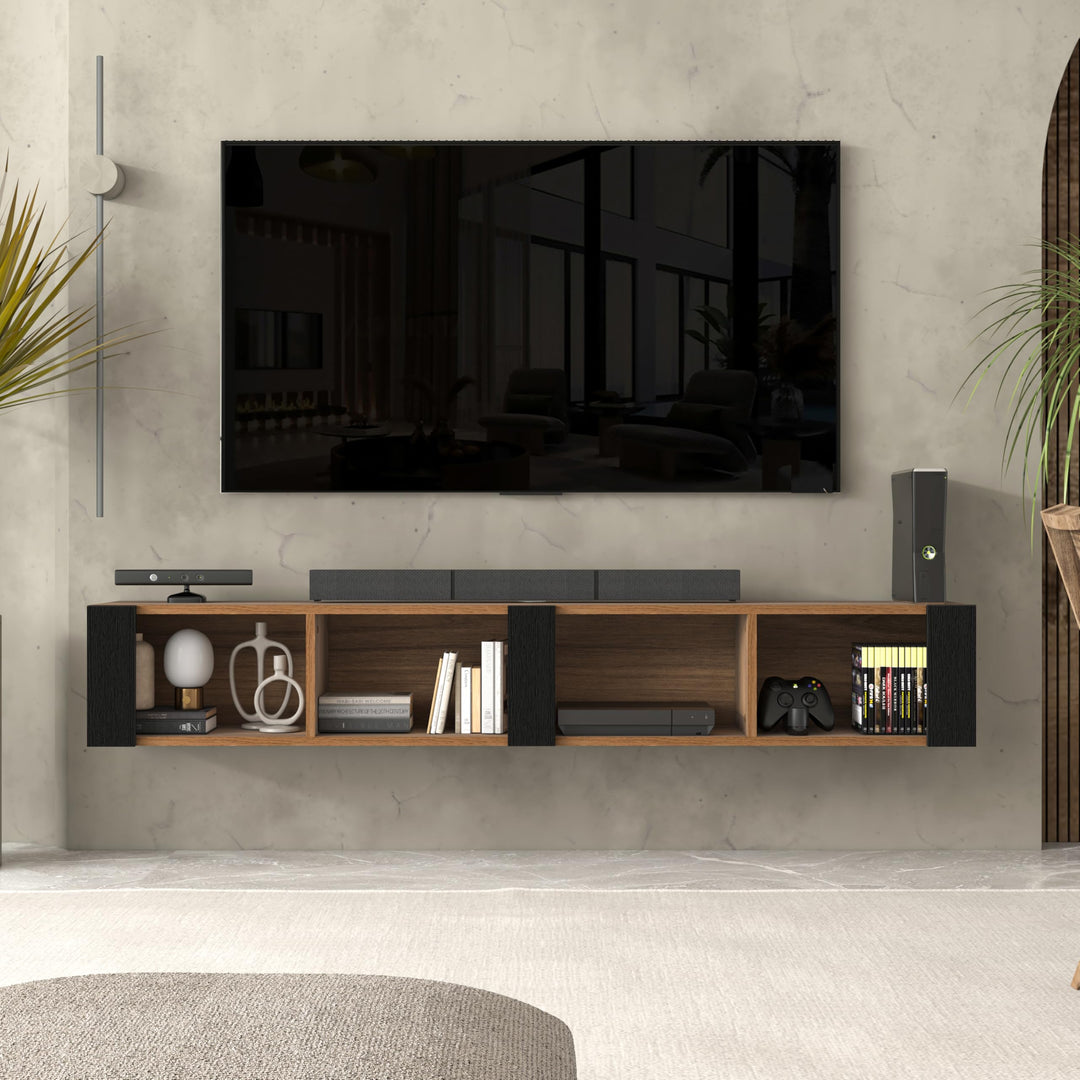 Atelier Mobili Floating TV Stand for 75 Inch TVs – Wall Mounted Entertainment Center with Open Storage Shelves – Modern Floating TV Console for Living Room & Bedroom – Oak and Walnut Finish (Oak)
